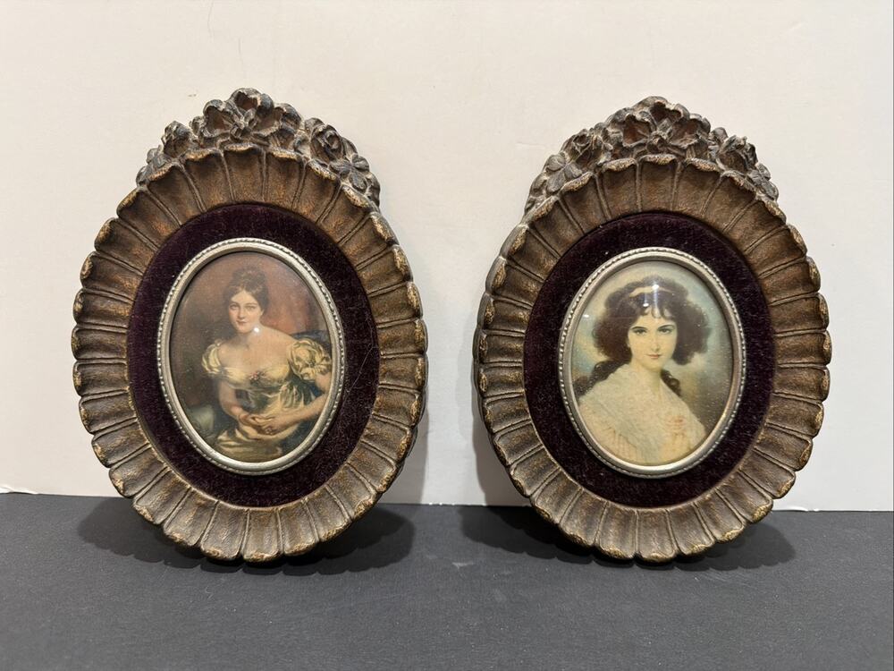 2 Cameo Creation Victorian Portraits Bubble Glass Gold Tone And Velvet Frames